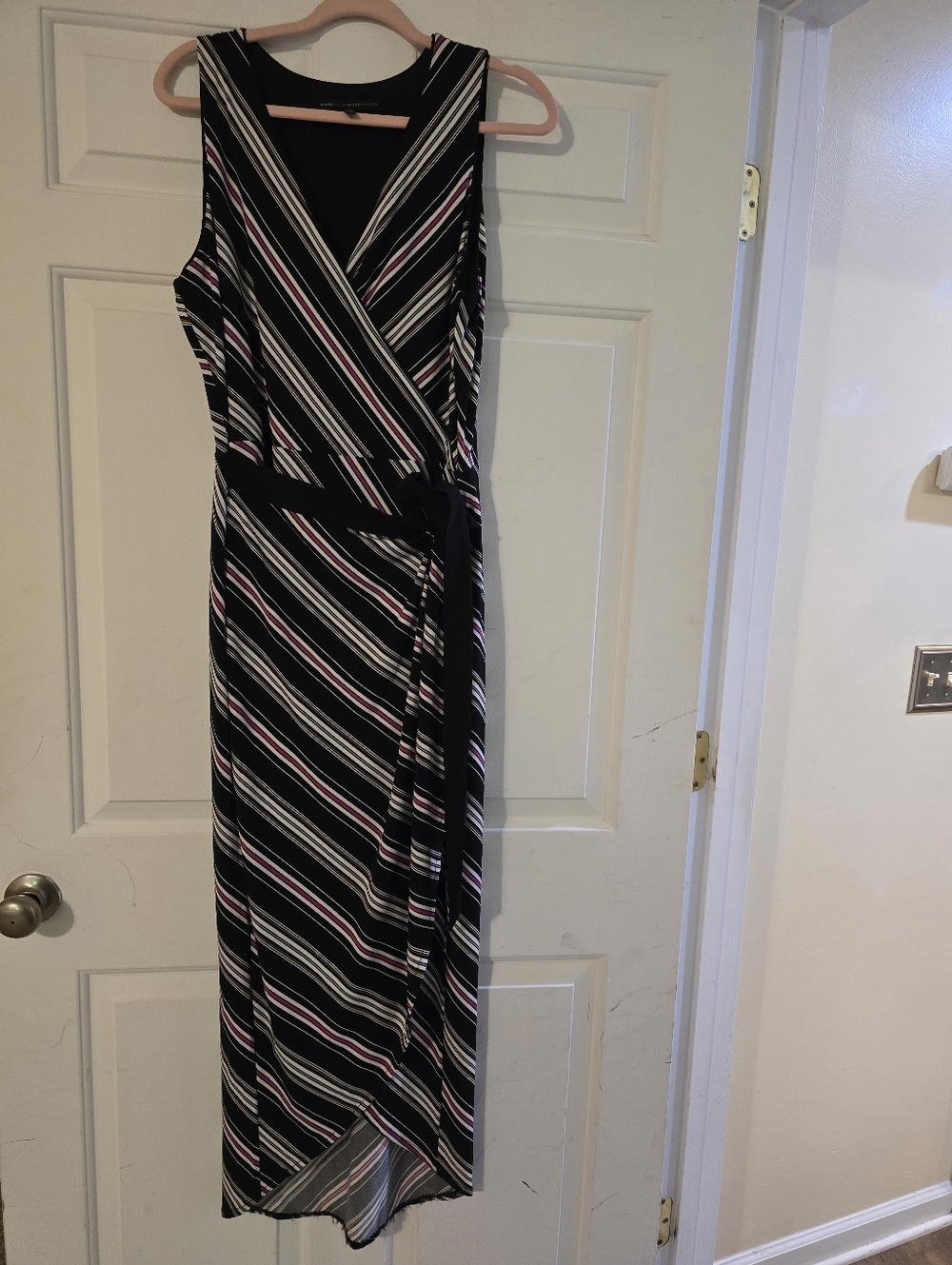 White House Black Market Black Striped Wrap Maxi Dress with Pink & White Accents